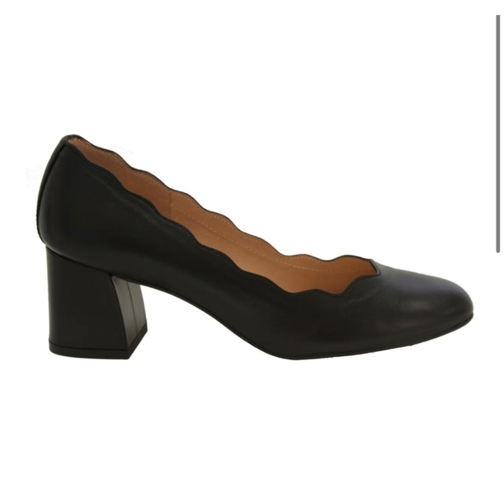French Sole Black Scalloped Block Heel Pumps